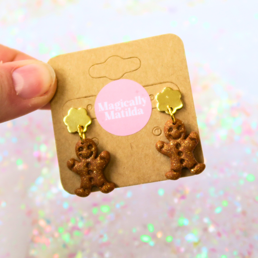 Gold Flower Polymer Clay Gingerbread Dangle Studs