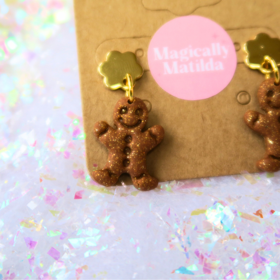 Gold Flower Polymer Clay Gingerbread Dangle Studs